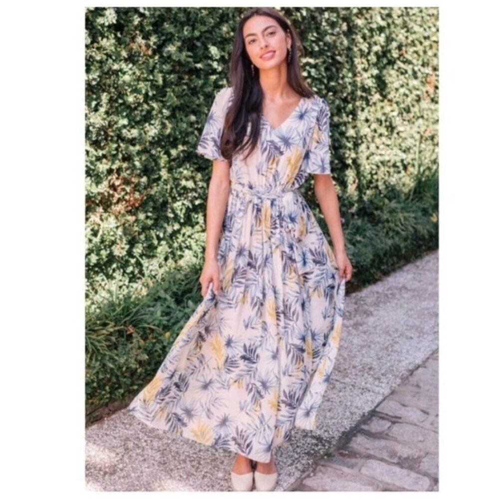 GAL MEETS GLAM Kiki Chiffon Flutter Sleeve Maxi Dress Leaf Size 12P Women's